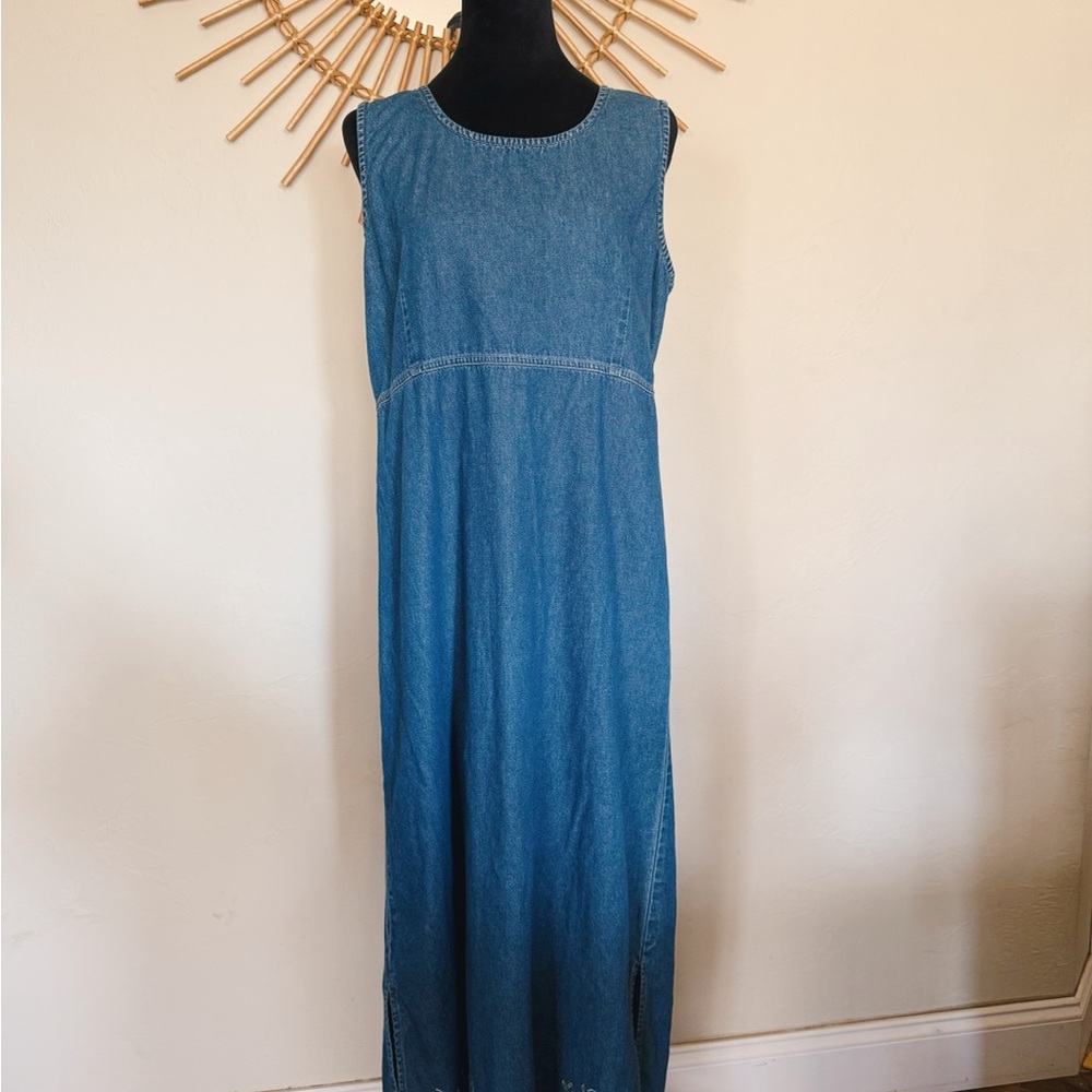 1990s Floral Embroidered Denim Maxi Dress